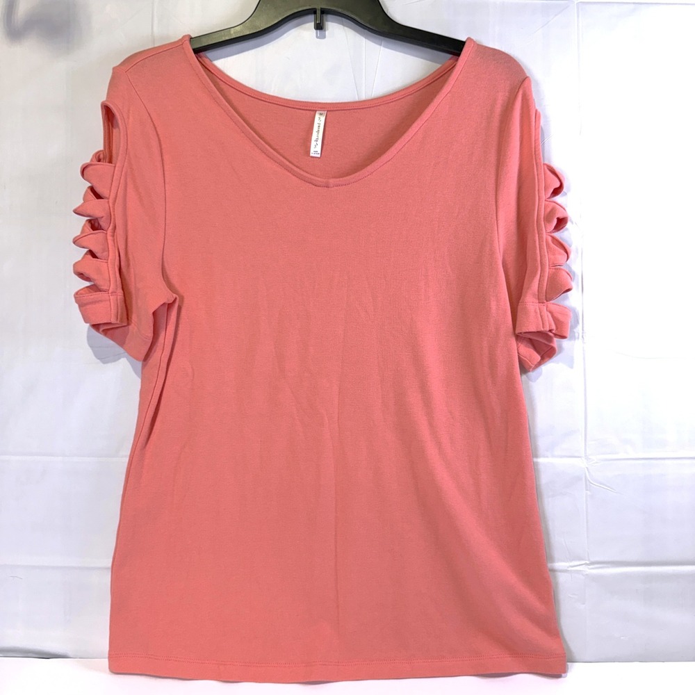 Passports Womens Med Coral Lattice Cut Out Short Sleeve Scoop Neck Top 263A1
